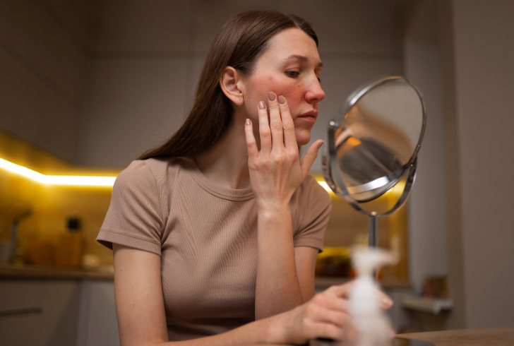 Person examining irritated facial skin closely