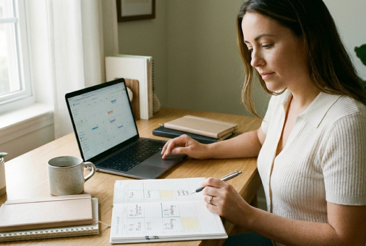 Person organizing tasks on calendar
